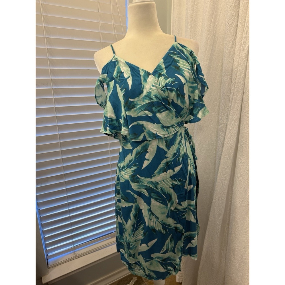 Gianni Bini Tropical Midi Wrap Dress Women Size Medium Aqua Summer Beach Cruise - Picture 3 of 16